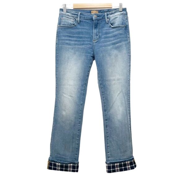 Driftwood Colette Straight Leg Boho Jeans Medium Wash Plaid Tartan Cuff Size 29 - Picture 2 of 14